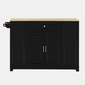Ilha de cozinha móvel 131,8×40-70×93,3 cm - Área de jantar extensível, com gavetas multifuncionais e compartimento para lixo - Preto + Natural