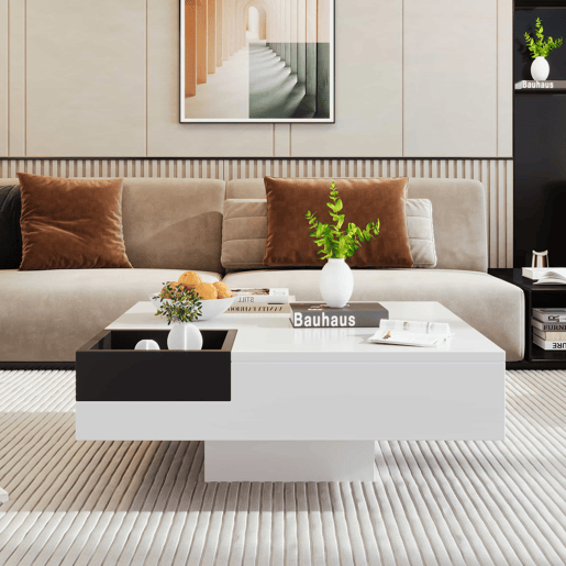 Mesa de centro quadrada com caixa de arrumação extraível - Luzes LED na parte inferior - Branco