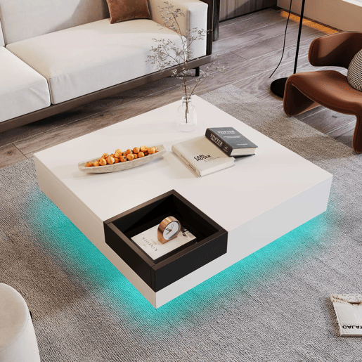 Mesa de centro quadrada com caixa de arrumação extraível - Luzes LED na parte inferior - Branco