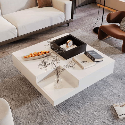 Mesa de centro quadrada com caixa de arrumação extraível - Luzes LED na parte inferior - Branco