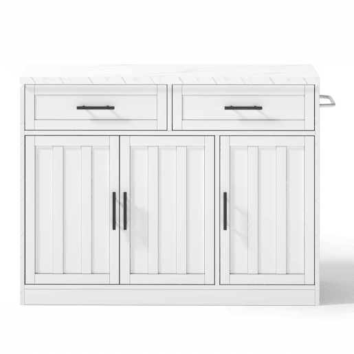 Ilha de cozinha 120x60x91 cm - Tomadas, portas USB, prateleiras ajustáveis, barra e muito mais - Branco