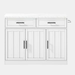 Ilha de cozinha 120x60x91 cm - Tomadas, portas USB, prateleiras ajustáveis, barra e muito mais - Branco