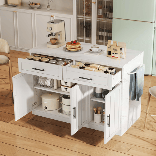 Ilha de cozinha 120x60x91 cm - Tomadas, portas USB, prateleiras ajustáveis, barra e muito mais - Branco