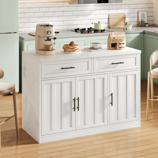 Ilha de cozinha 120x60x91 cm - Tomadas, portas USB, prateleiras ajustáveis, barra e muito mais - Branco
