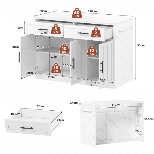 Ilha de cozinha 120x60x91 cm - Tomadas, portas USB, prateleiras ajustáveis, barra e muito mais - Branco