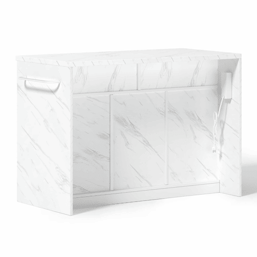 Ilha de cozinha 120x60x91 cm - Tomadas, portas USB, prateleiras ajustáveis, barra e muito mais - Branco