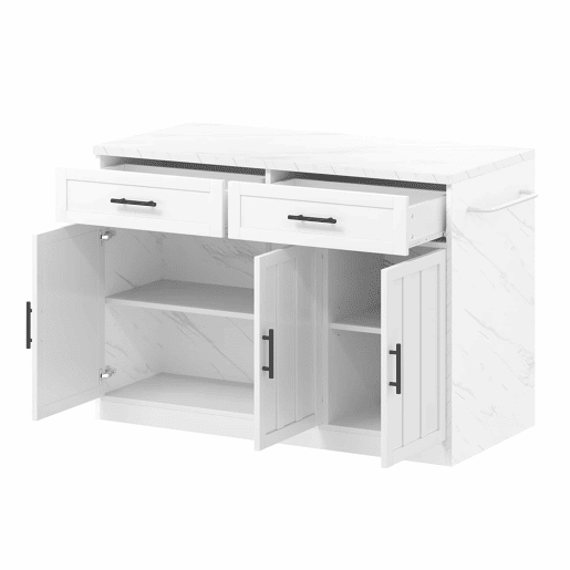 Ilha de cozinha 120x60x91 cm - Tomadas, portas USB, prateleiras ajustáveis, barra e muito mais - Branco