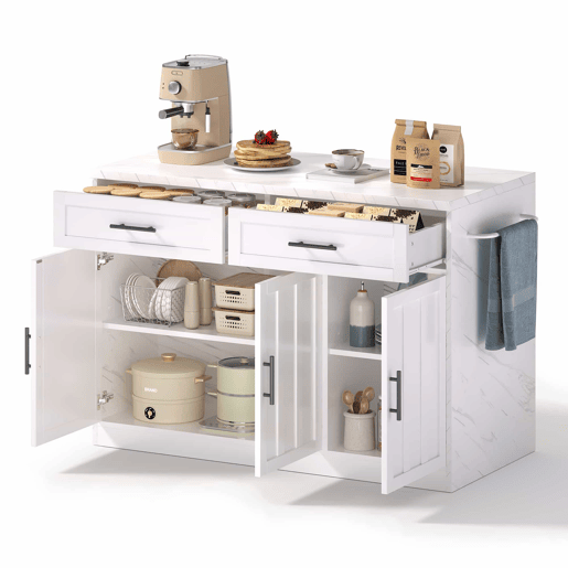 Ilha de cozinha 120x60x91 cm - Tomadas, portas USB, prateleiras ajustáveis, barra e muito mais - Branco