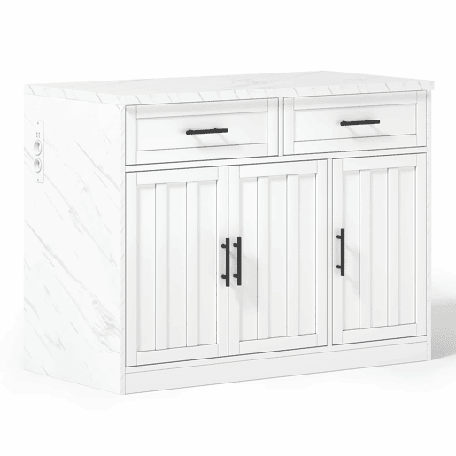 Ilha de cozinha 120x60x91 cm - Tomadas, portas USB, prateleiras ajustáveis, barra e muito mais - Branco