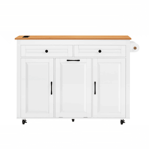 Ilha de cozinha móvel - mesa extensível, tomadas e compartimento para lixo - branco