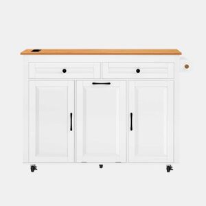 Ilha de cozinha móvel - mesa extensível, tomadas e compartimento para lixo - branco