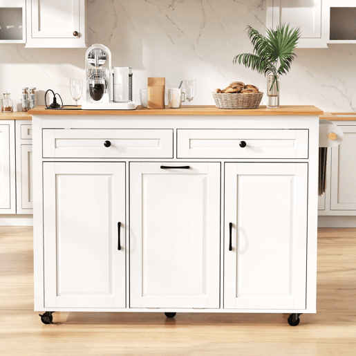 Ilha de cozinha móvel - mesa extensível, tomadas e compartimento para lixo - branco
