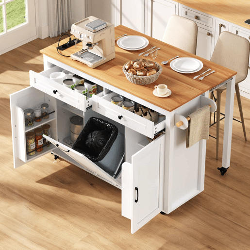 Ilha de cozinha móvel - mesa extensível, tomadas e compartimento para lixo - branco