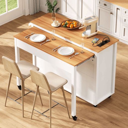 Ilha de cozinha móvel - mesa extensível, tomadas e compartimento para lixo - branco