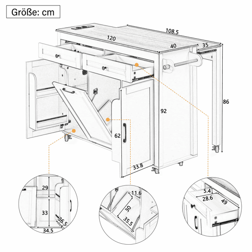 Ilha de cozinha móvel - mesa extensível, tomadas e compartimento para lixo - branco