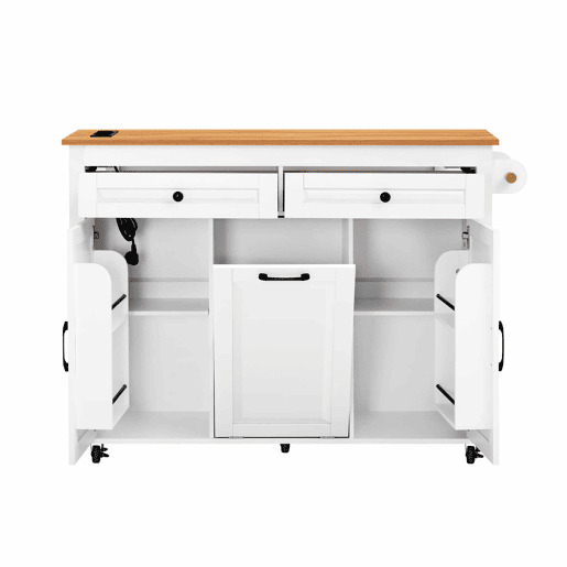 Ilha de cozinha móvel - mesa extensível, tomadas e compartimento para lixo - branco