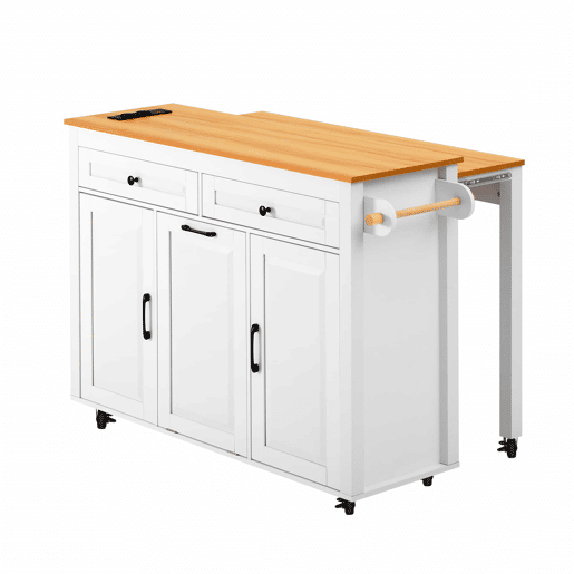 Ilha de cozinha móvel - mesa extensível, tomadas e compartimento para lixo - branco