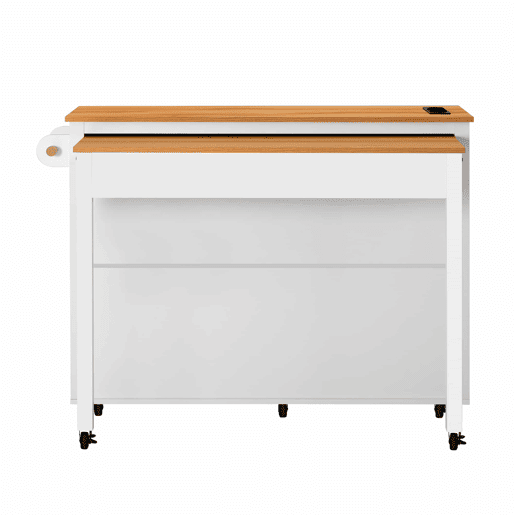 Ilha de cozinha móvel - mesa extensível, tomadas e compartimento para lixo - branco