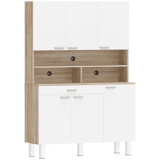 HOMCOM Armário de Cozinha Alto Móvel Auxiliar de Cozinha com 6 Portas e Grande Gaveta Prateleiras Bancada Ampla para Micro-ondas para Sala de Jantar Sala de Estar 120x40x175 cm Branco e Madeira
