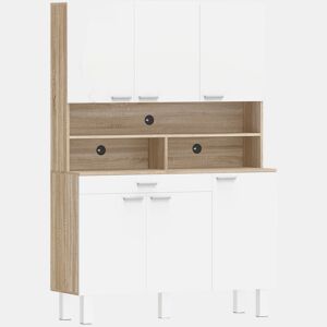 HOMCOM Armário de Cozinha Alto Móvel Auxiliar de Cozinha com 6 Portas e Grande Gaveta Prateleiras Bancada Ampla para Micro-ondas para Sala de Jantar Sala de Estar 120x40x175 cm Branco e Madeira