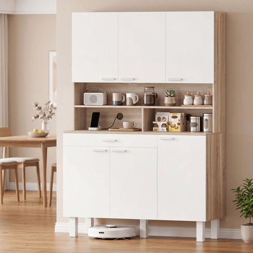 HOMCOM Armário de Cozinha Alto Móvel Auxiliar de Cozinha com 6 Portas e Grande Gaveta Prateleiras Bancada Ampla para Micro-ondas para Sala de Jantar Sala de Estar 120x40x175 cm Branco e Madeira