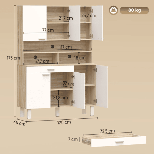 HOMCOM Armário de Cozinha Alto Móvel Auxiliar de Cozinha com 6 Portas e Grande Gaveta Prateleiras Bancada Ampla para Micro-ondas para Sala de Jantar Sala de Estar 120x40x175 cm Branco e Madeira