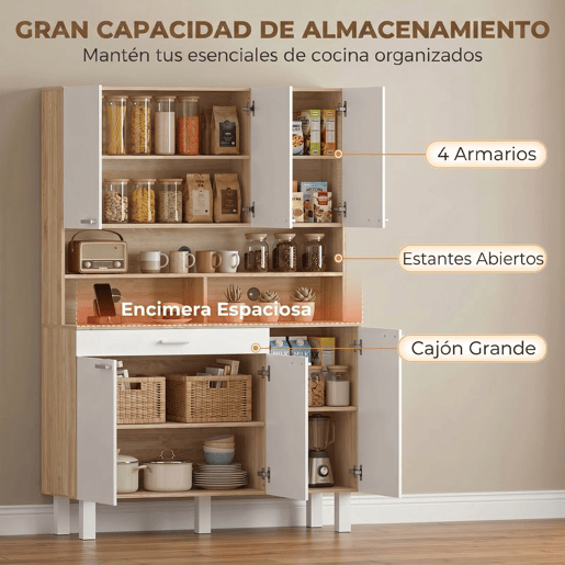 HOMCOM Armário de Cozinha Alto Móvel Auxiliar de Cozinha com 6 Portas e Grande Gaveta Prateleiras Bancada Ampla para Micro-ondas para Sala de Jantar Sala de Estar 120x40x175 cm Branco e Madeira