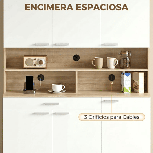HOMCOM Armário de Cozinha Alto Móvel Auxiliar de Cozinha com 6 Portas e Grande Gaveta Prateleiras Bancada Ampla para Micro-ondas para Sala de Jantar Sala de Estar 120x40x175 cm Branco e Madeira