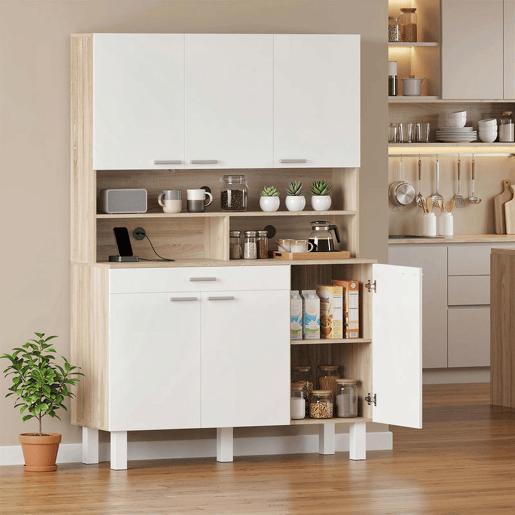 HOMCOM Armário de Cozinha Alto Móvel Auxiliar de Cozinha com 6 Portas e Grande Gaveta Prateleiras Bancada Ampla para Micro-ondas para Sala de Jantar Sala de Estar 120x40x175 cm Branco e Madeira