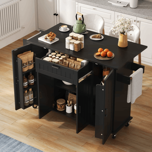Ilha de cozinha 120x45(70)x95 - 4 portas, 1 gaveta, prateleiras para especiarias, toalheiros duplos - Preto Ilha de cozinha 120x45(70)x95 - 4 portas, 1 gaveta, prateleiras para especiarias, toalheiros duplos - Preto