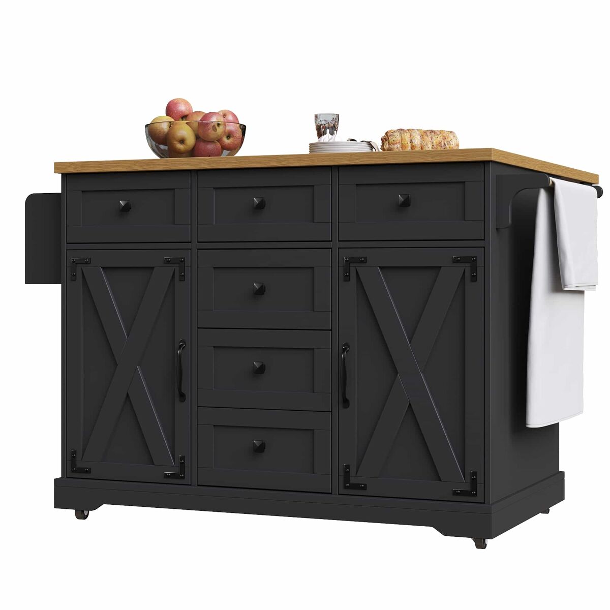 Isla de cocina 147x70x93 cm - servierwagen multifuncional con madera y gran almacenamiento - negro