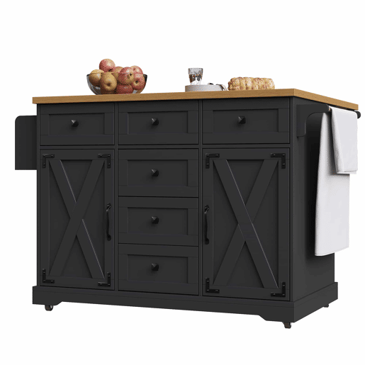 Ilha de cozinha 147x70x93 cm - Carrinho multifuncional com madeira e grande capacidade de armazenamento - Preto