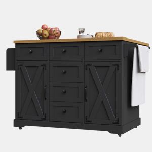 Ilha de cozinha 147x70x93 cm - Carrinho multifuncional com madeira e grande capacidade de armazenamento - Preto