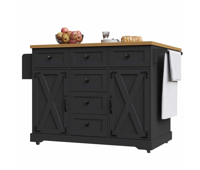 Isla de cocina 147x70x93 cm - servierwagen multifuncional con madera y gran almacenamiento - negro