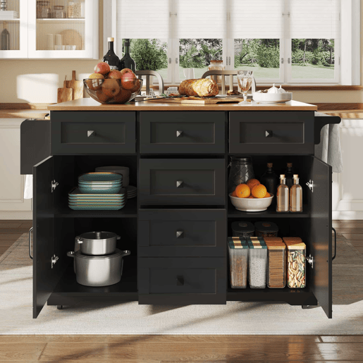 Ilha de cozinha 147x70x93 cm - Carrinho multifuncional com madeira e grande capacidade de armazenamento - Preto