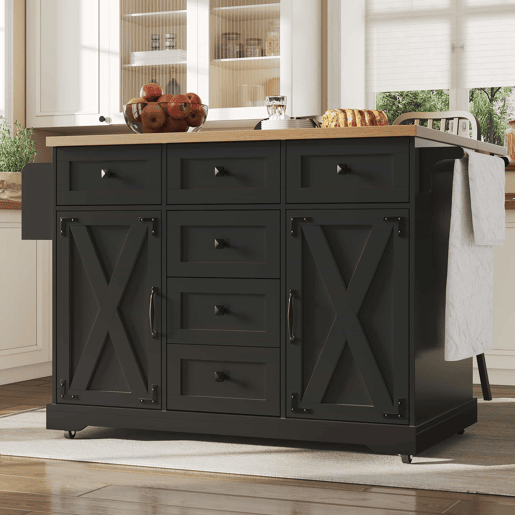 Ilha de cozinha 147x70x93 cm - Carrinho multifuncional com madeira e grande capacidade de armazenamento - Preto