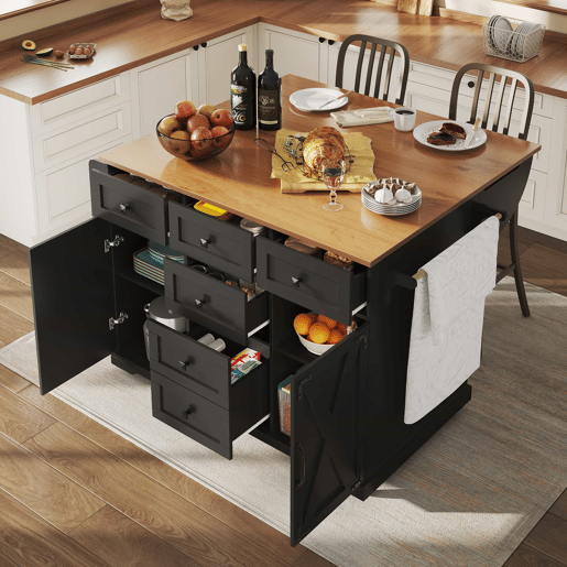 Ilha de cozinha 147x70x93 cm - Carrinho multifuncional com madeira e grande capacidade de armazenamento - Preto