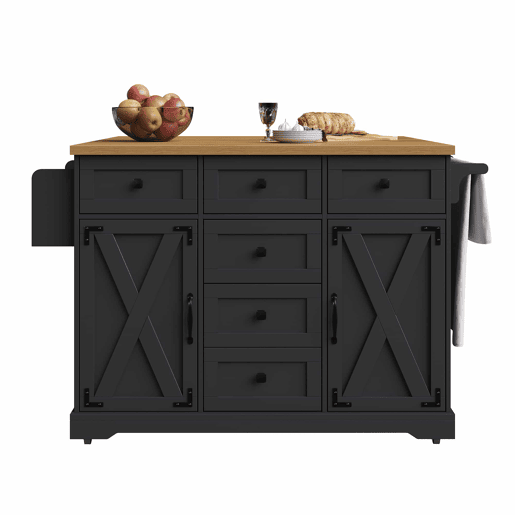 Ilha de cozinha 147x70x93 cm - Carrinho multifuncional com madeira e grande capacidade de armazenamento - Preto
