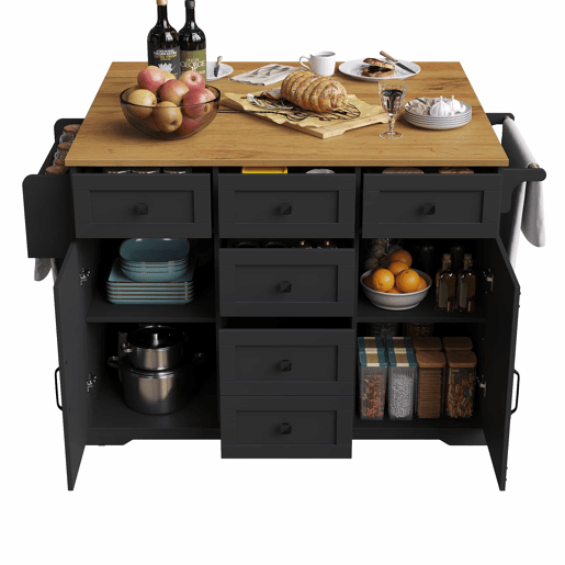 Ilha de cozinha 147x70x93 cm - Carrinho multifuncional com madeira e grande capacidade de armazenamento - Preto