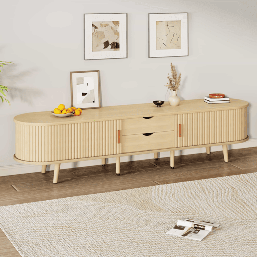 Móvel de TV 175x40x42 cm - Com arrumação, 2 gavetas, superfície redonda, madeira MDF - Cor madeira
