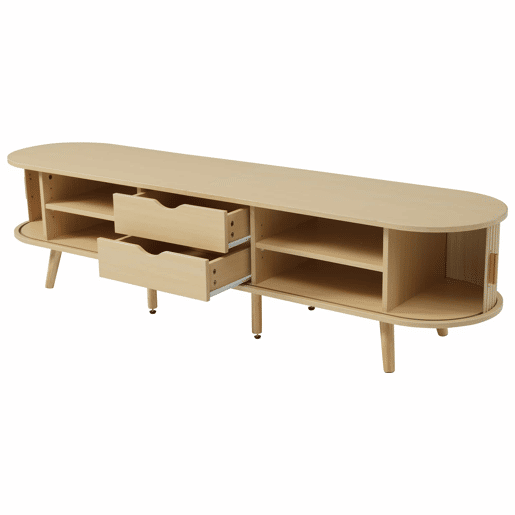 Móvel de TV 175x40x42 cm - Com arrumação, 2 gavetas, superfície redonda, madeira MDF - Cor madeira