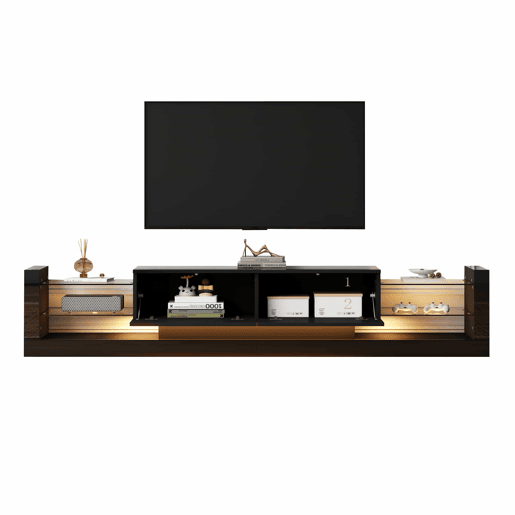 Móvel de TV alto brilho 181 cm - Com iluminação LED, frente em vidro, 2 gavetas rebatíveis - Preto Móvel de TV alto brilho 181 cm - Com iluminação LED, frente em vidro, 2 gavetas rebatíveis - Preto