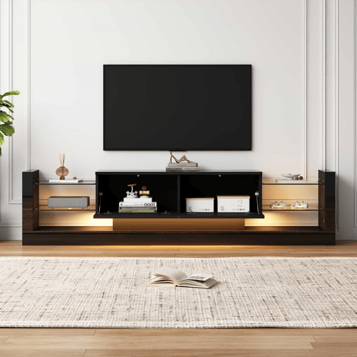 Móvel de TV alto brilho 181 cm - Com iluminação LED, frente em vidro, 2 gavetas rebatíveis - Preto Móvel de TV alto brilho 181 cm - Com iluminação LED, frente em vidro, 2 gavetas rebatíveis - Preto