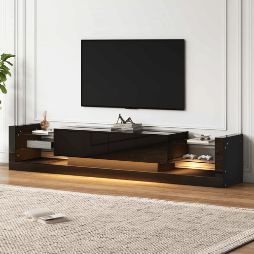 Móvel de TV alto brilho 181 cm - Com iluminação LED, frente em vidro, 2 gavetas rebatíveis - Preto Móvel de TV alto brilho 181 cm - Com iluminação LED, frente em vidro, 2 gavetas rebatíveis - Preto