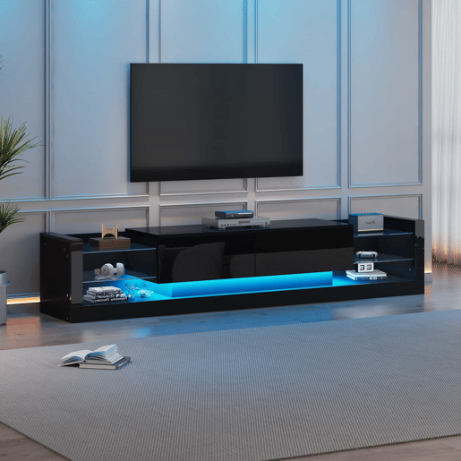 Móvel de TV alto brilho 181 cm - Com iluminação LED, frente em vidro, 2 gavetas rebatíveis - Preto Móvel de TV alto brilho 181 cm - Com iluminação LED, frente em vidro, 2 gavetas rebatíveis - Preto