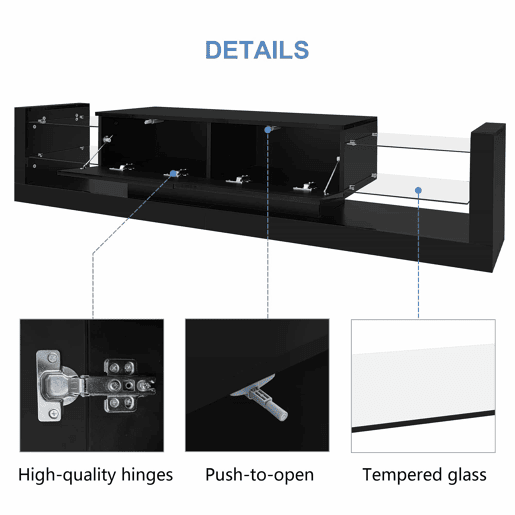 Móvel de TV alto brilho 181 cm - Com iluminação LED, frente em vidro, 2 gavetas rebatíveis - Preto Móvel de TV alto brilho 181 cm - Com iluminação LED, frente em vidro, 2 gavetas rebatíveis - Preto