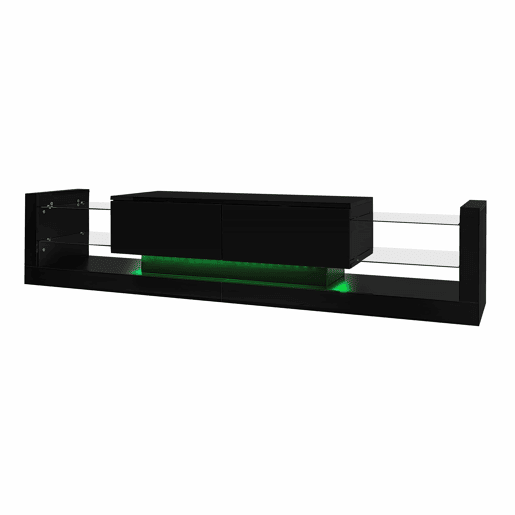 Móvel de TV alto brilho 181 cm - Com iluminação LED, frente em vidro, 2 gavetas rebatíveis - Preto Móvel de TV alto brilho 181 cm - Com iluminação LED, frente em vidro, 2 gavetas rebatíveis - Preto