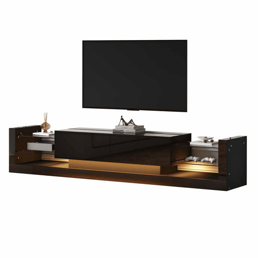 Móvel de TV alto brilho 181 cm - Com iluminação LED, frente em vidro, 2 gavetas rebatíveis - Preto Móvel de TV alto brilho 181 cm - Com iluminação LED, frente em vidro, 2 gavetas rebatíveis - Preto