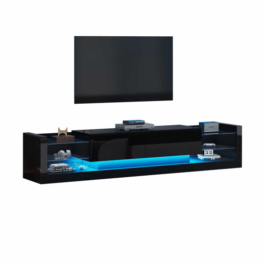 Móvel de TV alto brilho 181 cm - Com iluminação LED, frente em vidro, 2 gavetas rebatíveis - Preto Móvel de TV alto brilho 181 cm - Com iluminação LED, frente em vidro, 2 gavetas rebatíveis - Preto