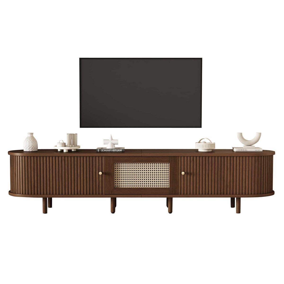 mueble tv ovalado 180 cm - diseno de rattan mdf pies ajustables 30 kg de capacidad - nogal oscuro